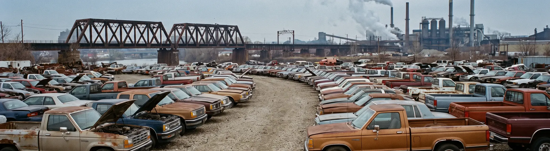Rows of retired cars and trucks at a recycling yard in the Cuyahoga valley with the steel mill and a rail bridge behind