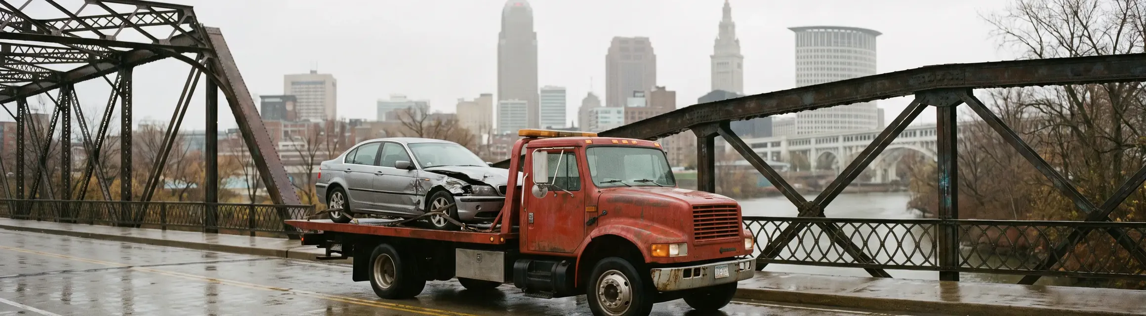 Flatbed tow truck carrying a wrecked sedan across a steel bridge over the Cuyahoga River with downtown Cleveland behind
